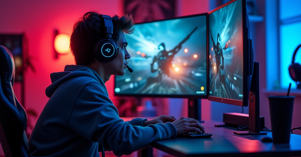 High-end gaming headset on a desk with a gaming PC