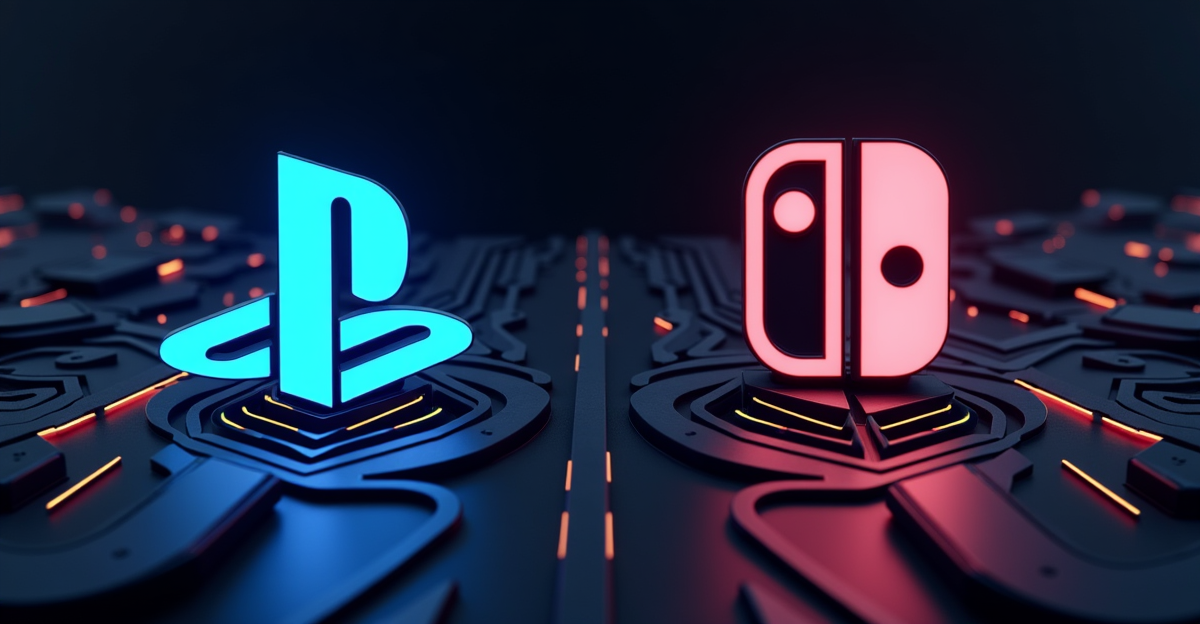 Ilustrasi komparasi futuristik antara logo PS5 Pro dan Nintendo Switch 2