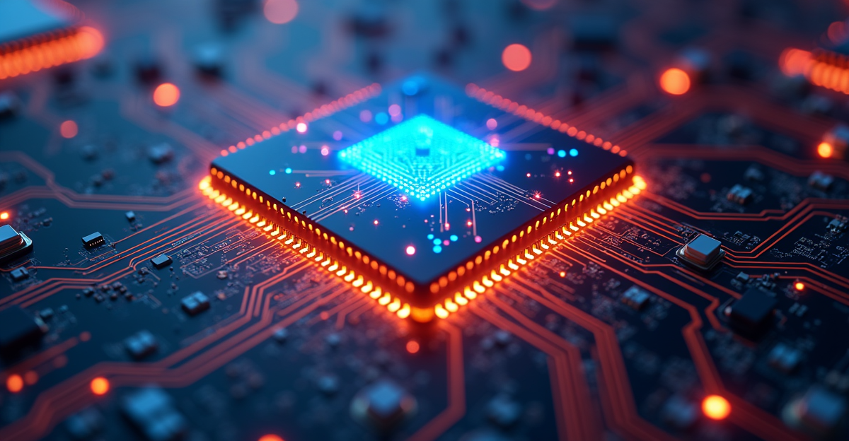 Ilustrasi chip komputer dengan elemen AI yang bercahaya di tengah-tengah sirkuit gaming yang kompleks