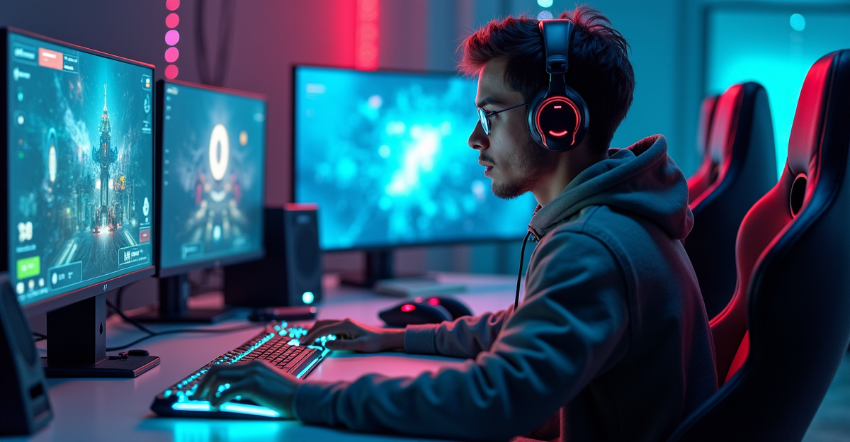 Periferal gaming AI futuristik dengan efek cahaya