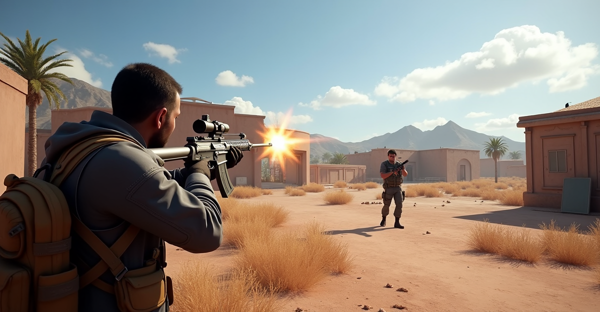 Seorang pro player Free Fire sedang menembak musuh dengan akurasi tinggi di map Bermuda