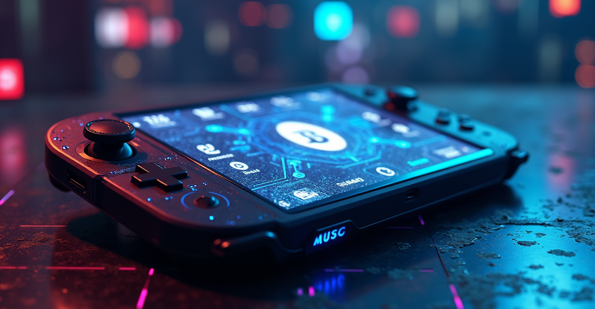 Ilustrasi futuristic handheld gaming PC dengan logo berbagai merek di latar belakang.